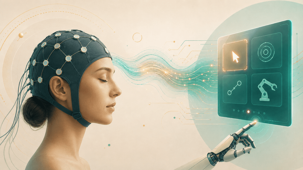 Ilustración de una interfaz cerebro-computadora utilizada para controlar una interfaz de usuario