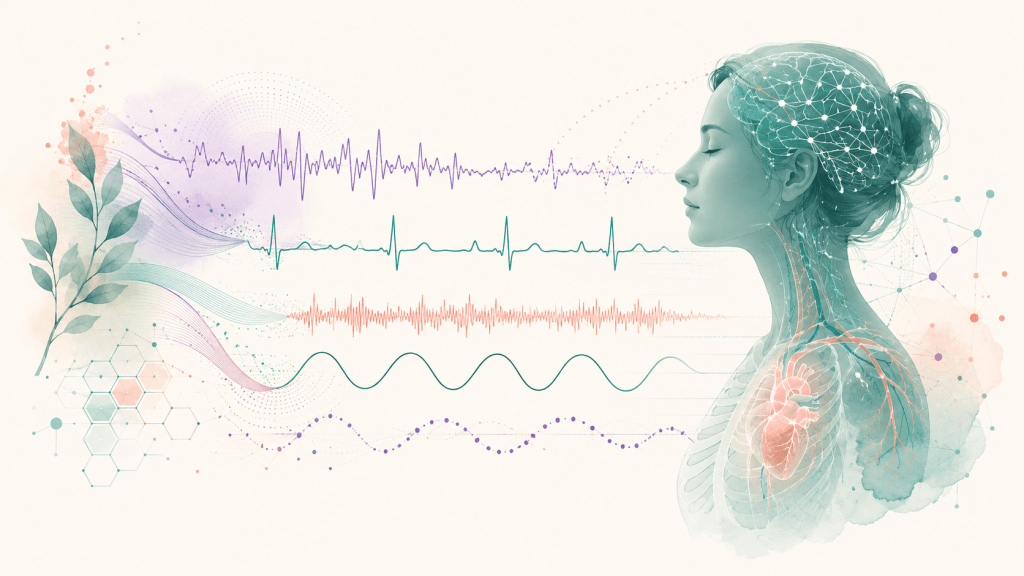 Figura humana con señales fisiológicas abstractas que representan actividad cerebral, cardiaca, muscular y respiratoria.